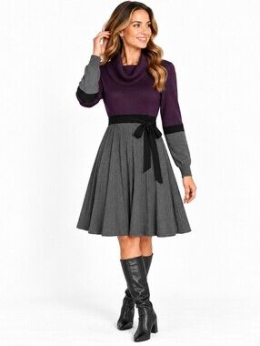 Colorblock Cowl Neck Sweater Dress with Belt Jessica Howard Small Purple Gray